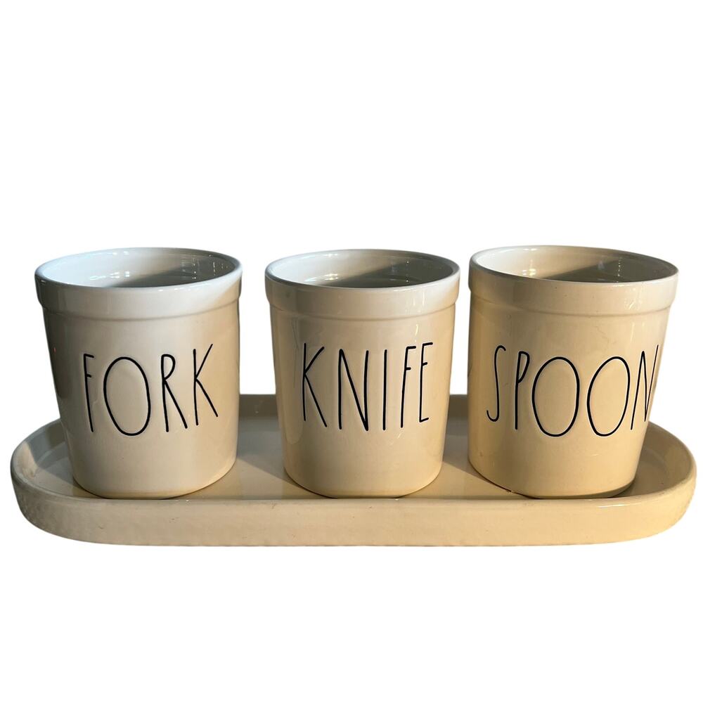 Rae Dunn by Magenta SPOON FORK KNIFE Utensil Holders with Tray | 4-Piece Set
